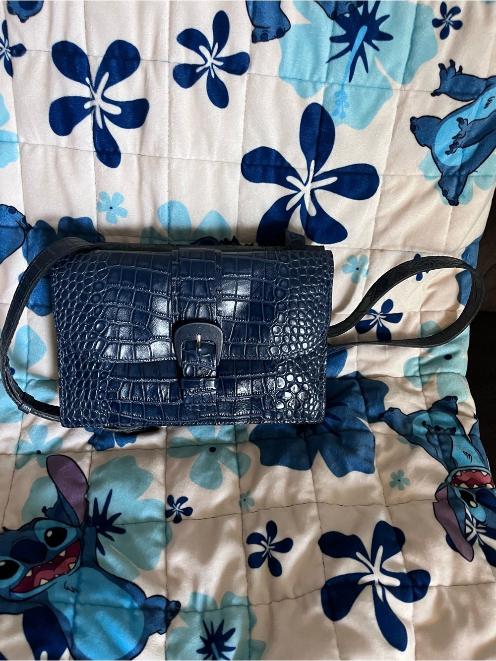 Navy Croc-Embossed Leather Crossbody Bag
